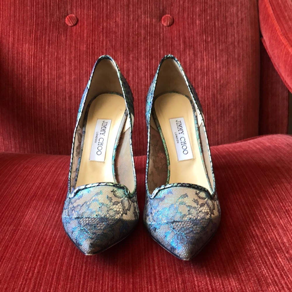 Jimmy choo green metallic holographic lace heels